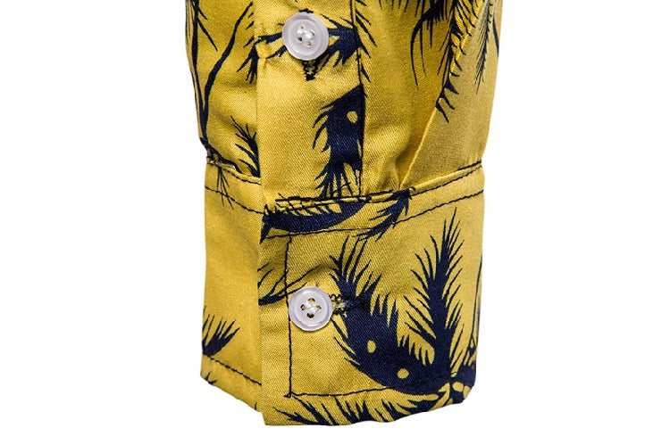 Casual Yellow Leaf Print Summer Long Sleeves Shirts for Men