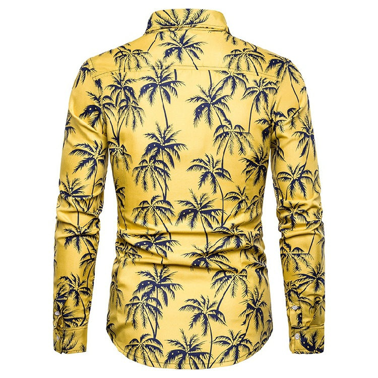 Casual Yellow Leaf Print Summer Long Sleeves Shirts for Men