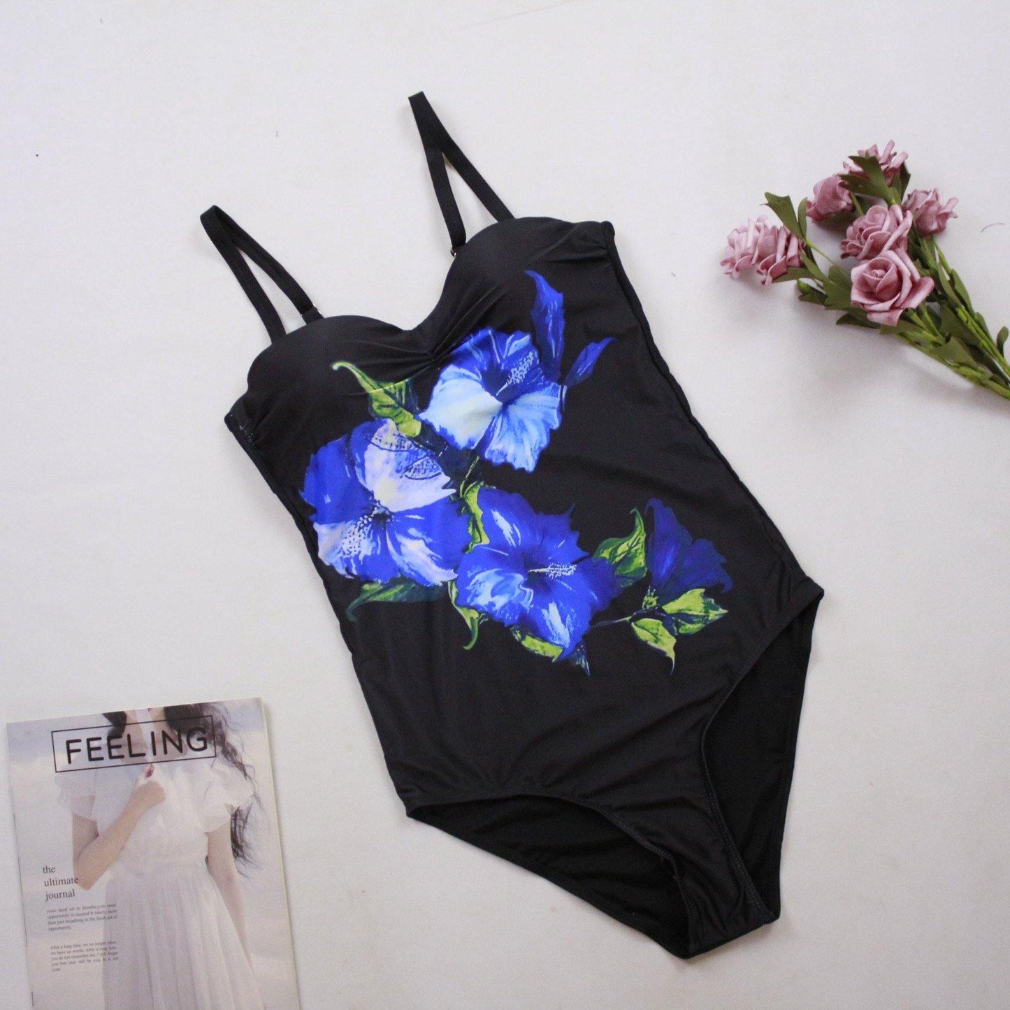 Women Blue Floral Print Sexy Bikini Swimwear-STYLEGOING