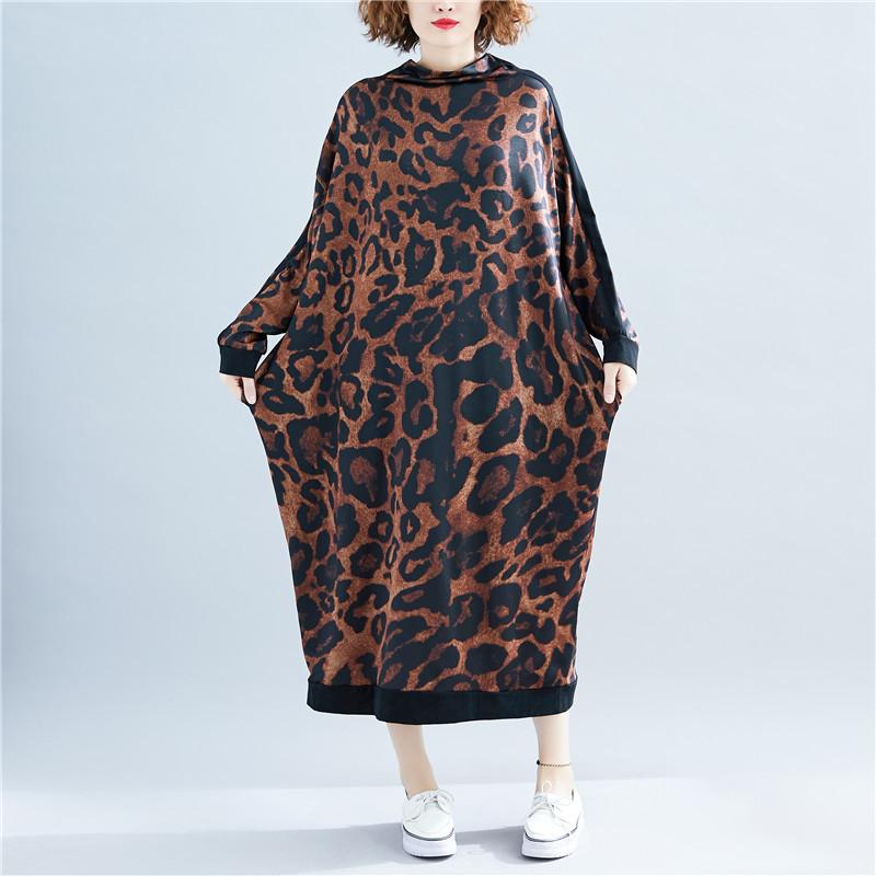 Fall High Neck Leopard Plus Size Long Dresses-STYLEGOING