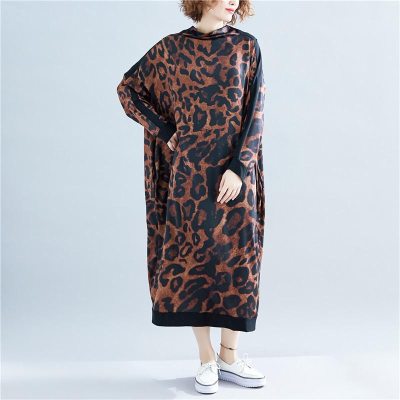 Fall High Neck Leopard Plus Size Long Dresses-STYLEGOING