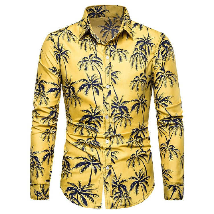 Casual Yellow Leaf Print Summer Long Sleeves Shirts for Men