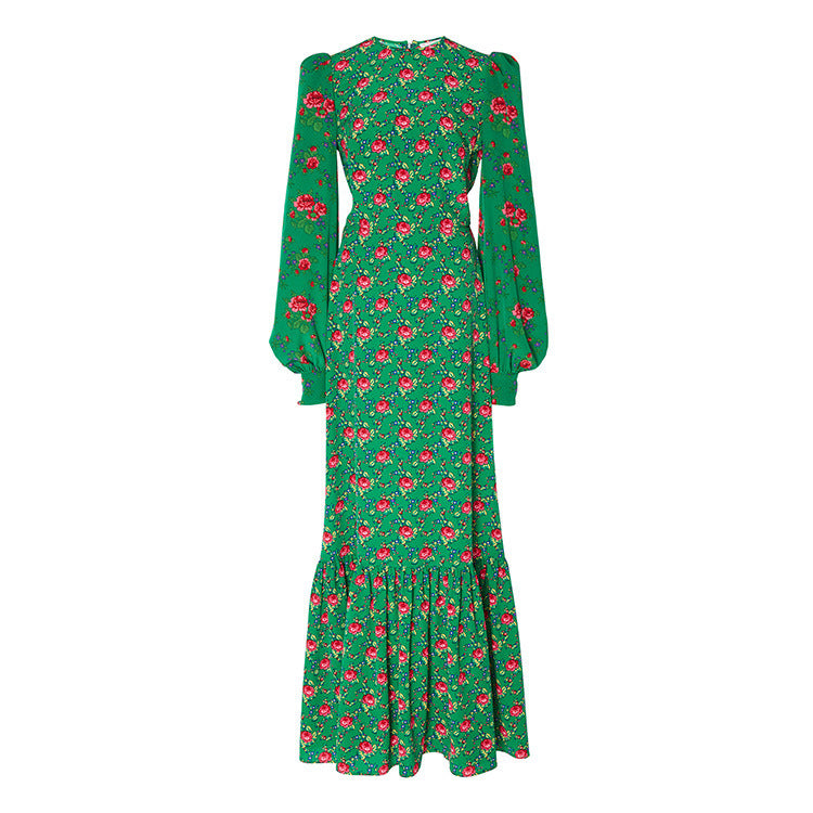 Green Puff Sleeves Long Sleeves Women Dresses