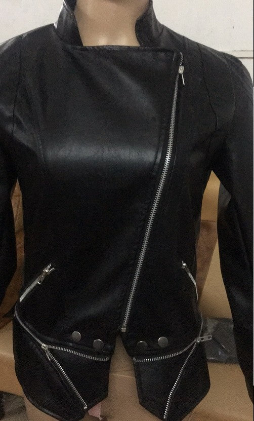 Black PU Leather Zipper Jacket Coat for Women