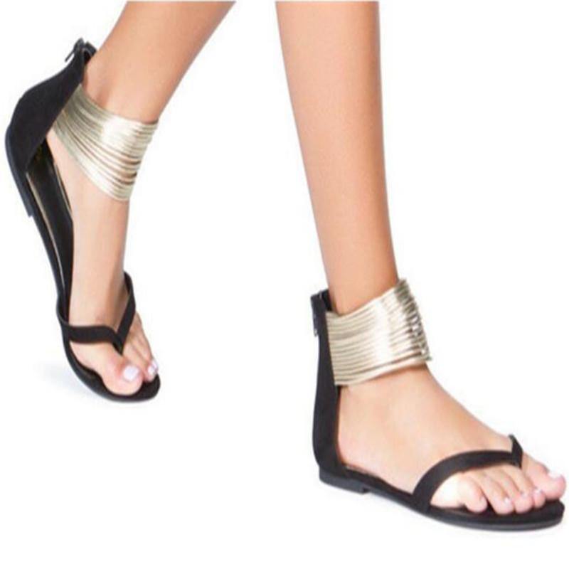 Women Summer Matal Ankle Strap Flat Sandals-STYLEGOING