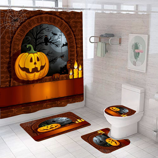 Pumpkin Halloween Shower Curtain Bathroom Rug Set Bath Mat Non-Slip Toilet Lid Cover-STYLEGOING