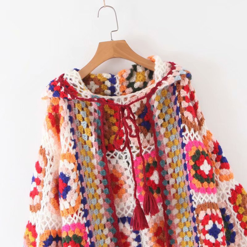 Handmade Woven Long Sleeves Colorful Floral Knitting Overcoat