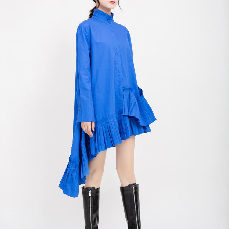 Blue Women Stand Collar Vintage Fall Shirt Dresses