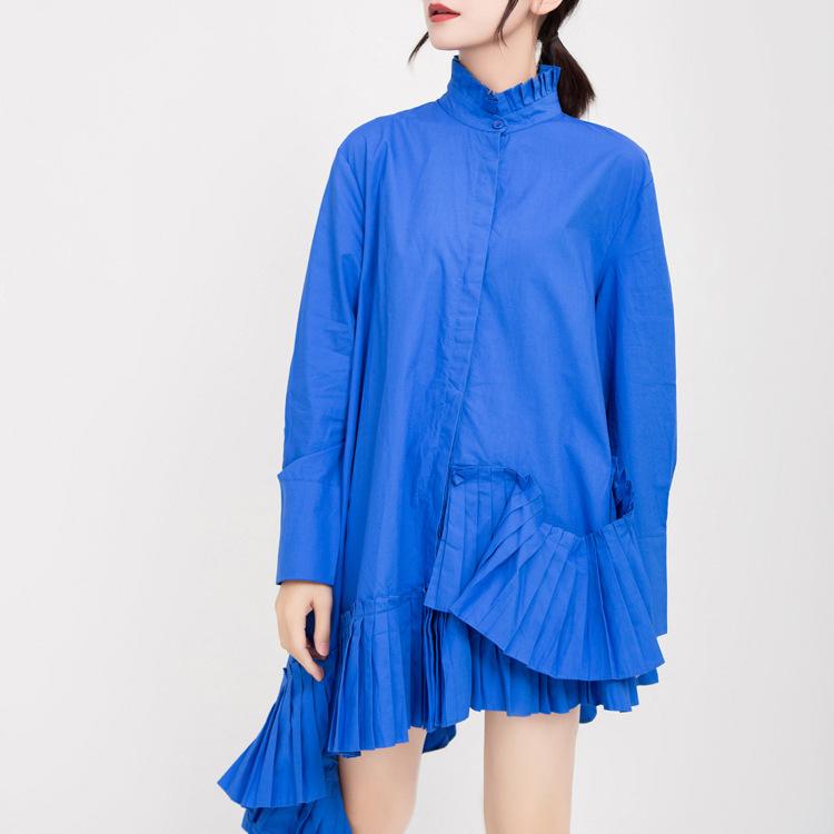 Blue Women Stand Collar Vintage Fall Shirt Dresses