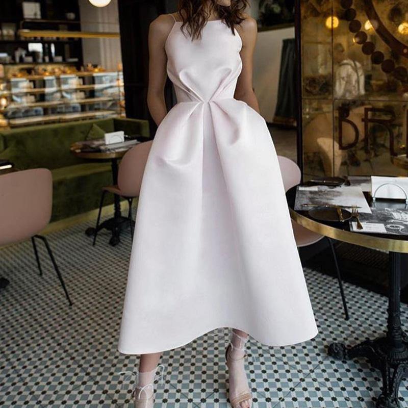 White Sexy Backless Midi Length Dresses-STYLEGOING