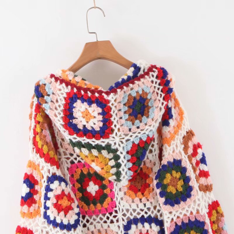 Handmade Woven Long Sleeves Colorful Floral Knitting Overcoat