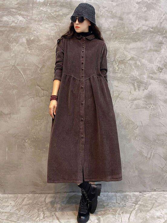 Vintage Solid Corduroy Lapel Dress-STYLEGOING
