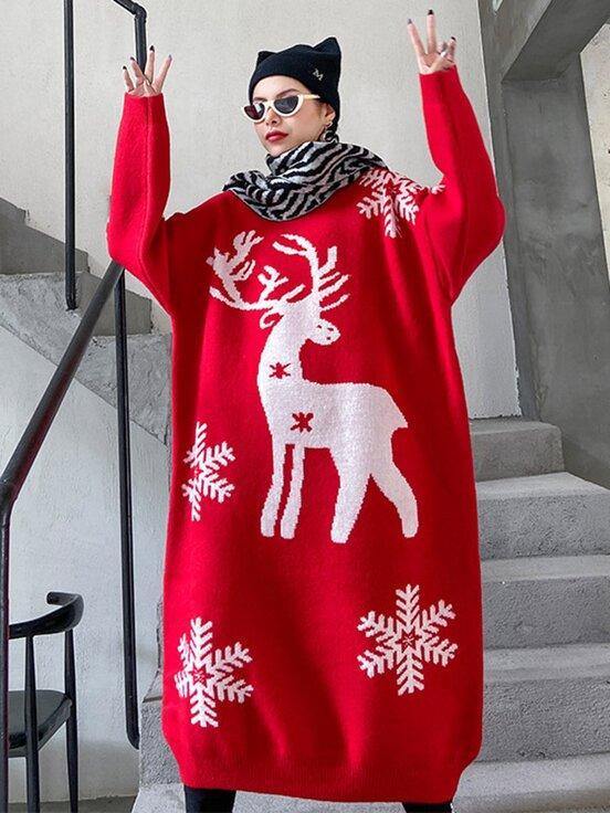 Christmas Elk Snowflake Sweater Dress-STYLEGOING