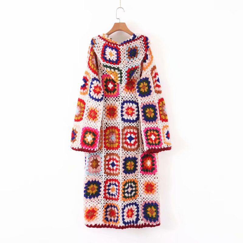 Handmade Woven Long Sleeves Colorful Floral Knitting Overcoat