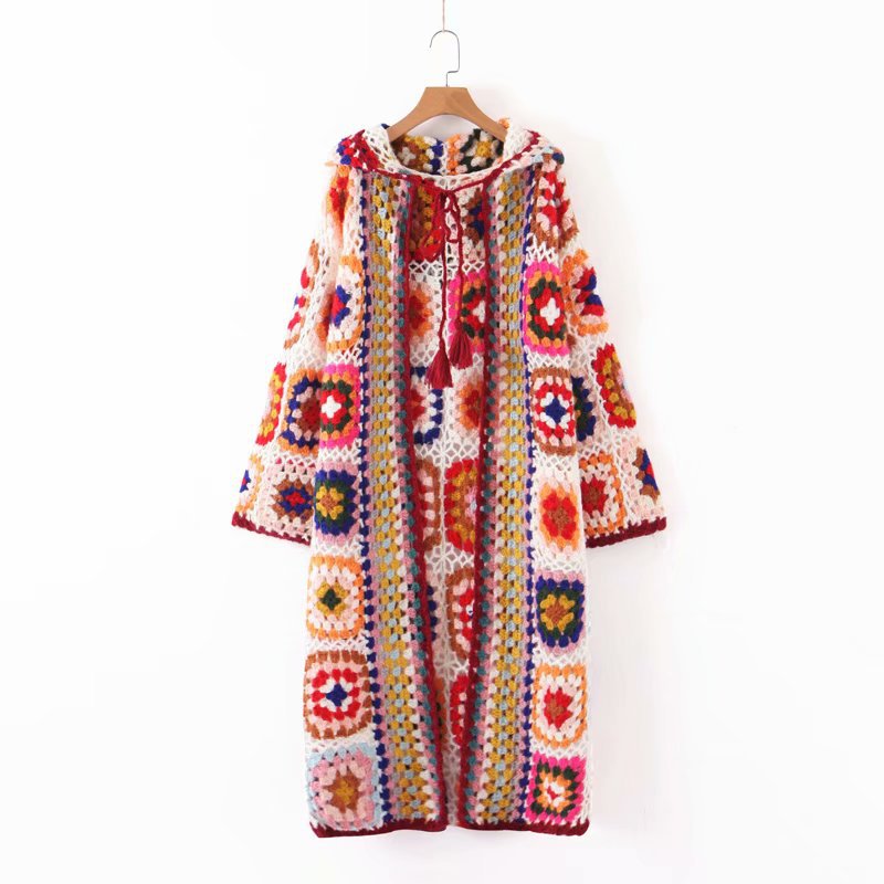 Handmade Woven Long Sleeves Colorful Floral Knitting Overcoat