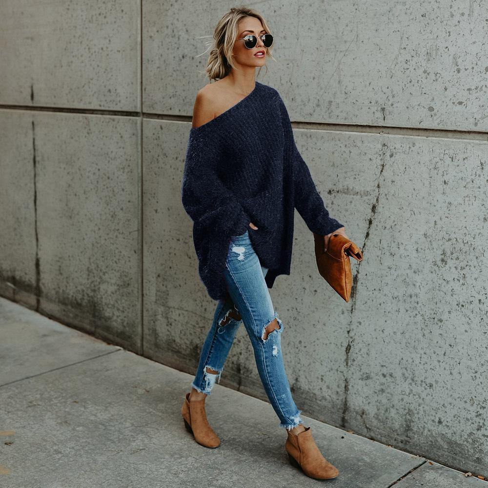 Off The Shoulder Long Sleeves Loose Sweater-STYLEGOING