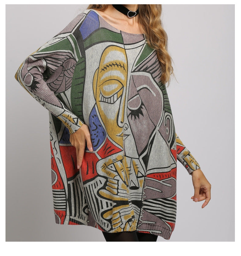 Women Face Print Pullover Knitting Sweaters