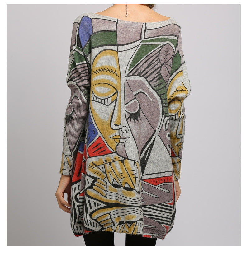 Women Face Print Pullover Knitting Sweaters