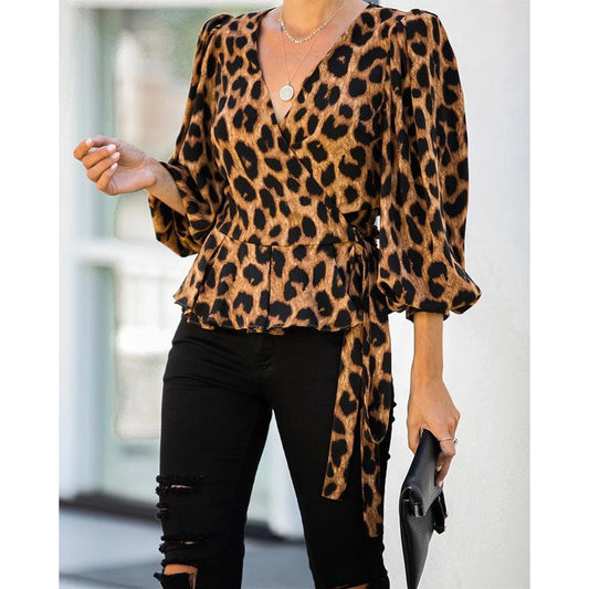 Women V Neck Long Sleeves Leopard Blouses-STYLEGOING