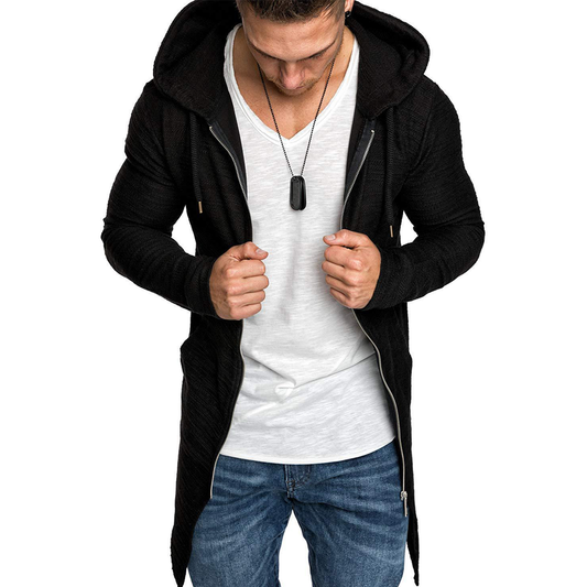 Men Long Sleeves Zipper Long Hoody Overcoat-STYLEGOING