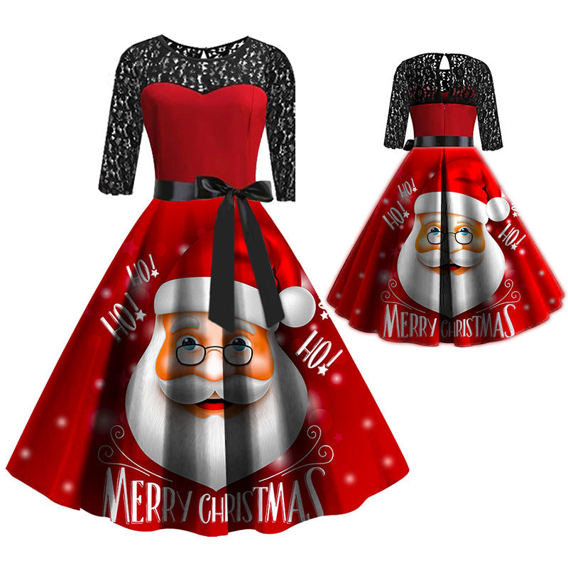 Christmas Santa Claus Print Lace Dresses