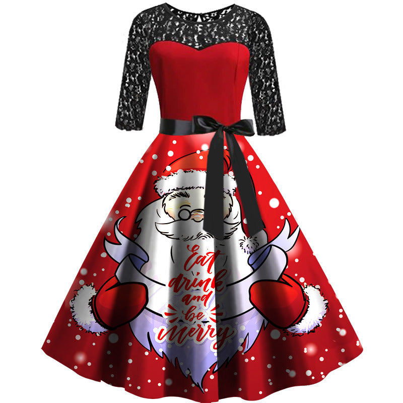 Merry Christmas Holiday Lace Print Dresses