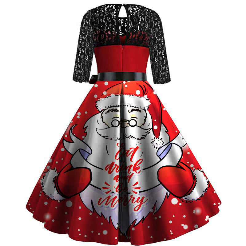 Christmas Santa Claus Print Lace Dresses