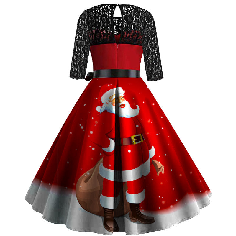 Red Long Sleeves Contrast Colors Lace Christmas Dresses