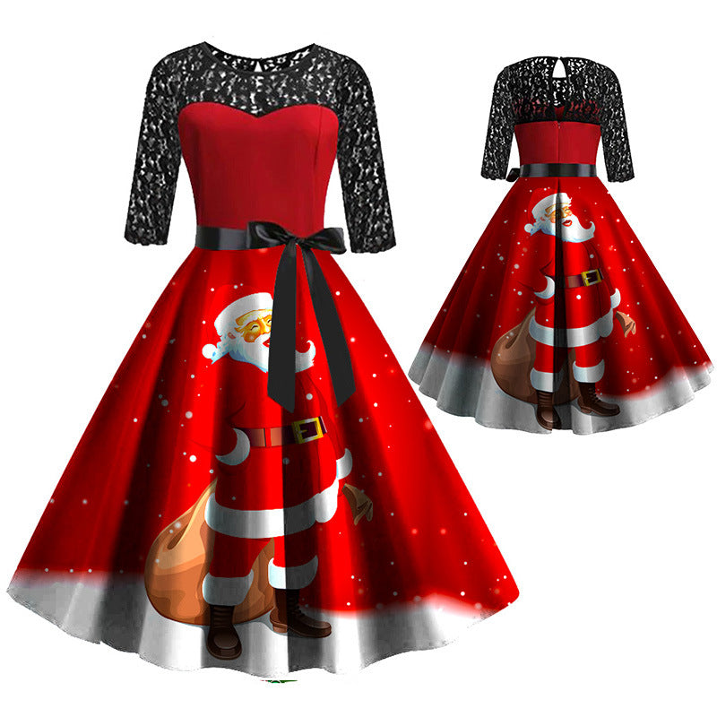 Red Long Sleeves Contrast Colors Lace Christmas Dresses