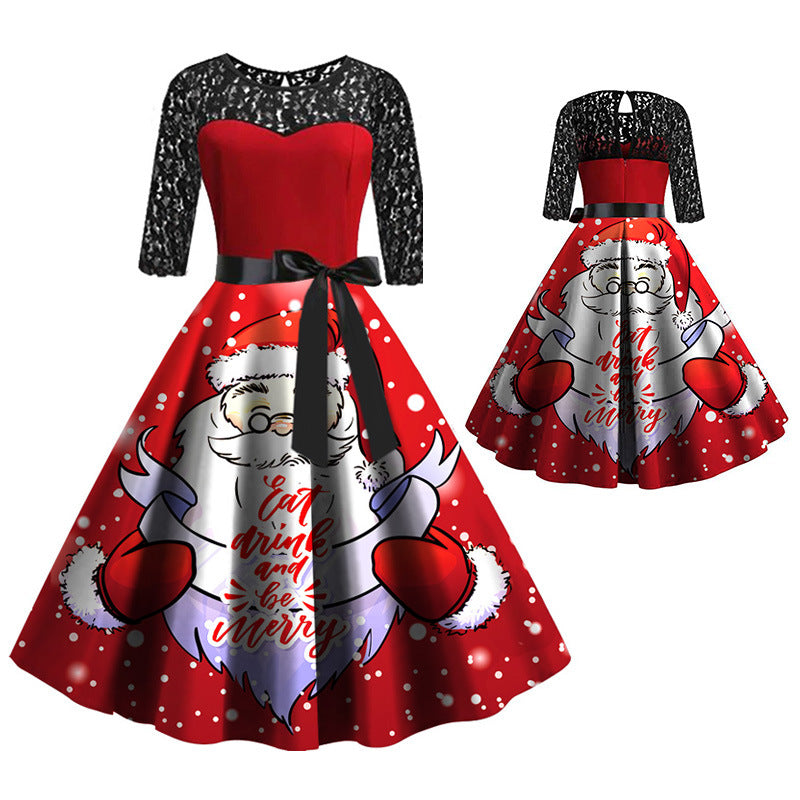 Merry Christmas Holiday Lace Print Dresses