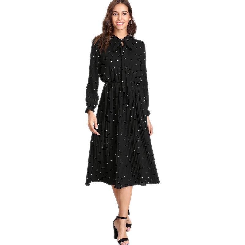 Black Dot Print Women Elegant Long Fall Dresses