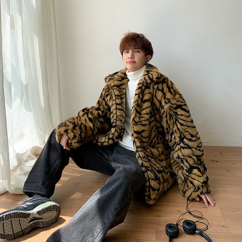 Casual Vintage Artificial Fur Tiger Print Overcoat for Men