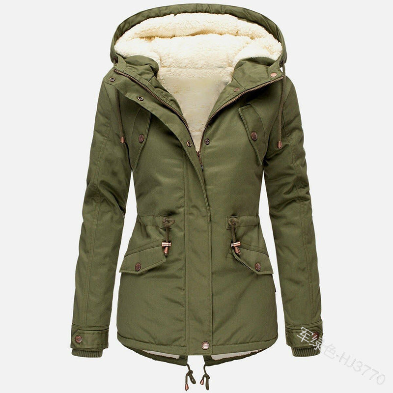 Casual Women Drawstring Hoody Cotton Overcoat for Winter
