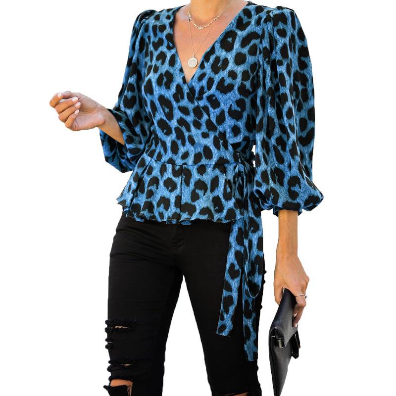 Women V Neck Long Sleeves Leopard Blouses-STYLEGOING