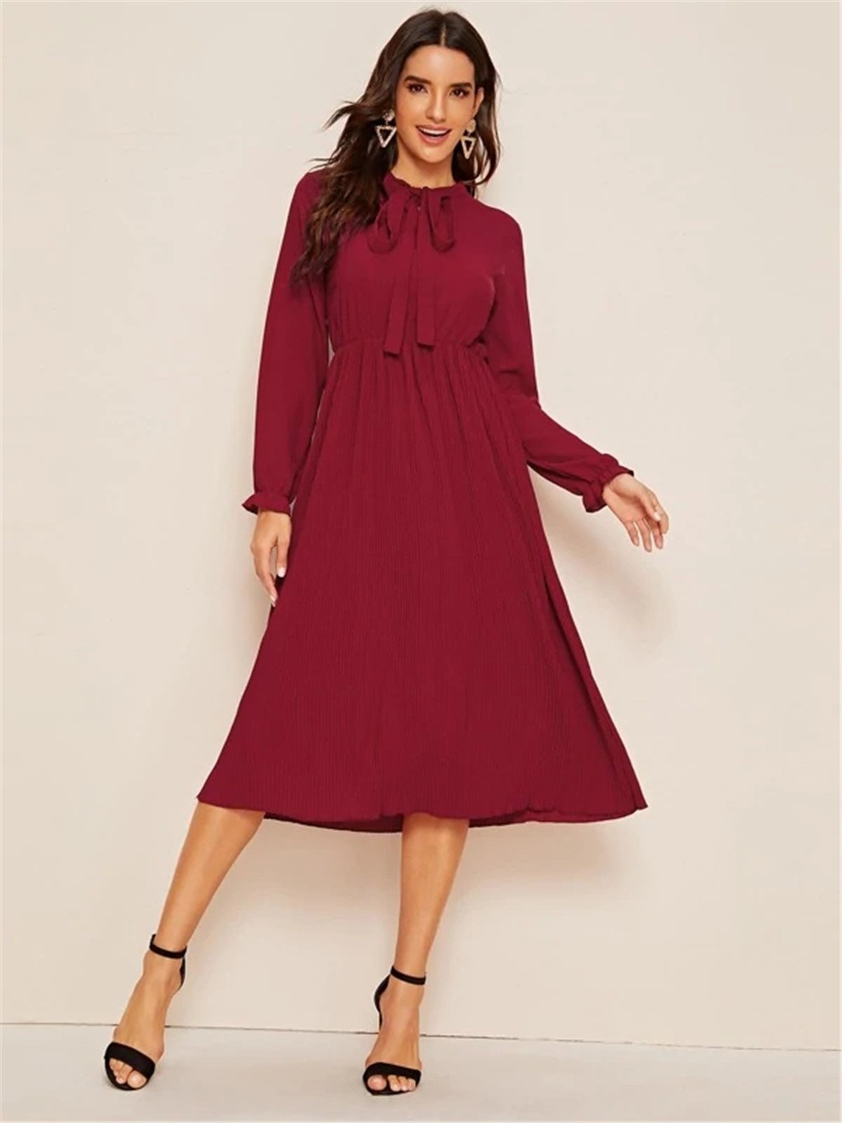 Red Casual Long Sleeves Fall Dresses