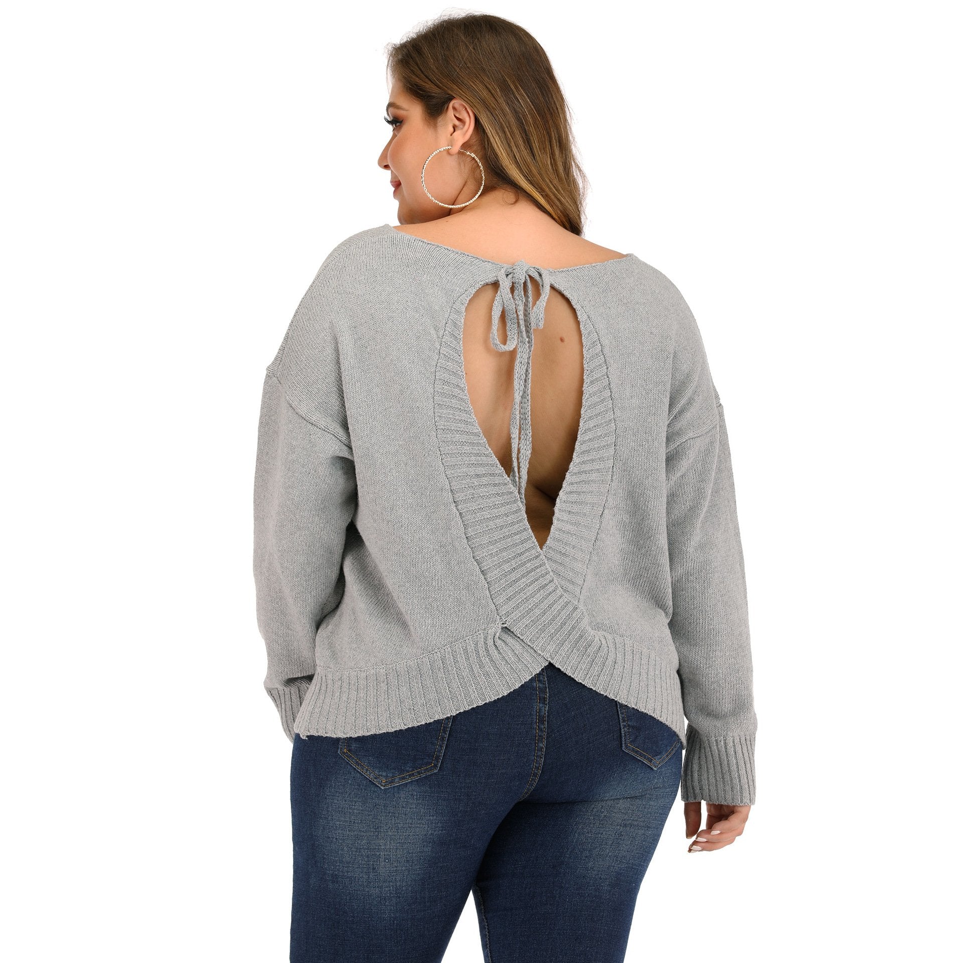 Gray Women Backless Plus Size Sweatrers-STYLEGOING