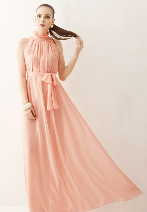 Casual Chiffon Halter Long Boho Dresses with Belt