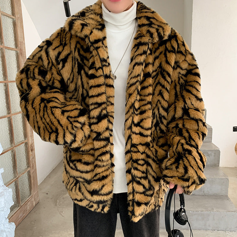 Casual Vintage Artificial Fur Tiger Print Overcoat for Men