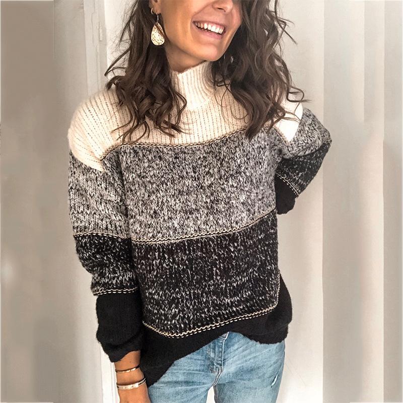 High Neck Pullover Striped Sweater-STYLEGOING