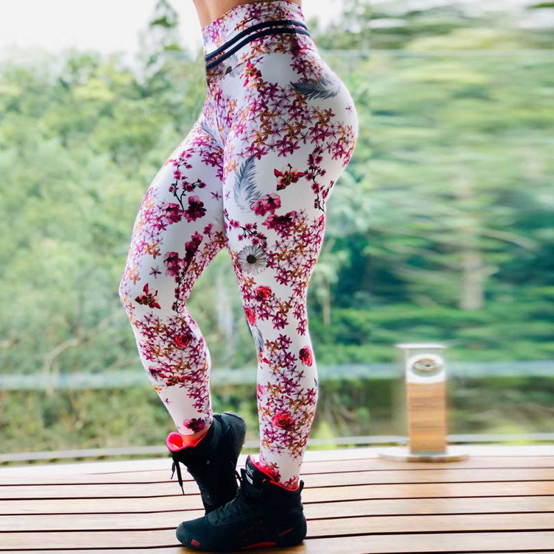 Sexy Peach Flower Print Yoga Suits