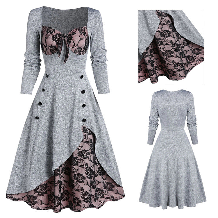 Vintage Middle Age Lace Long Sleeves Dresses for Women