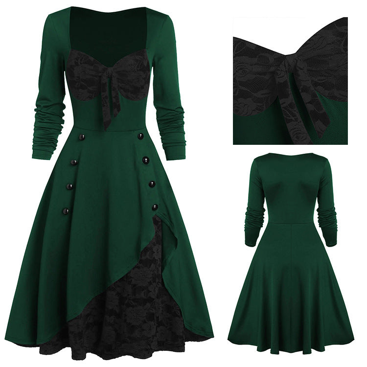 Vintage Middle Age Lace Long Sleeves Dresses for Women