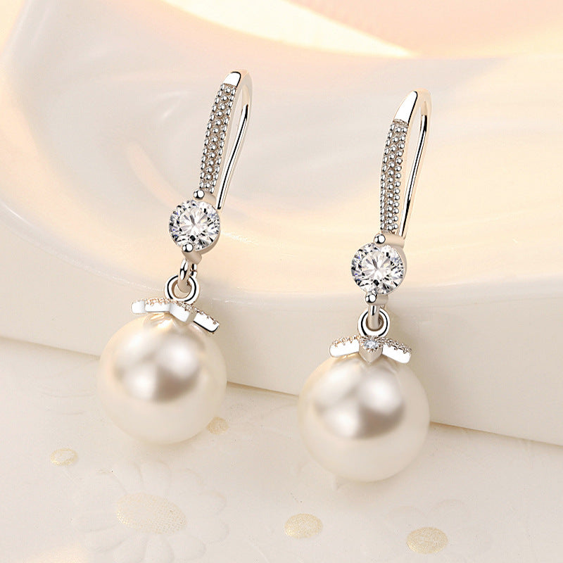 Fashion Floral Beaded Pearl Sterling Silver Fish Hook Earrings