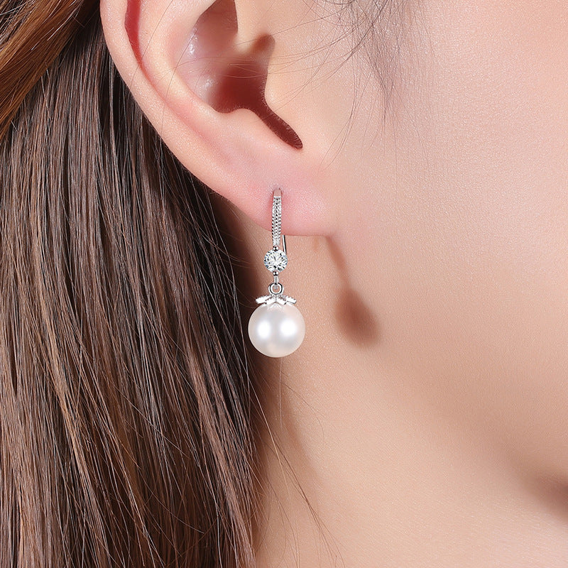 Fashion Floral Beaded Pearl Sterling Silver Fish Hook Earrings
