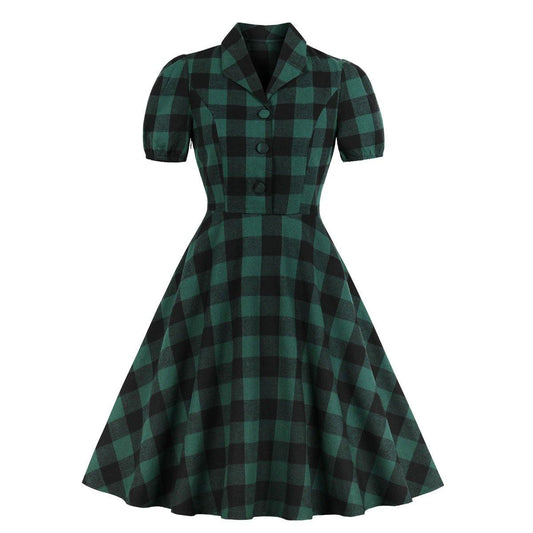 Women Short Sleeves Plaid Vintage Dresses-STYLEGOING