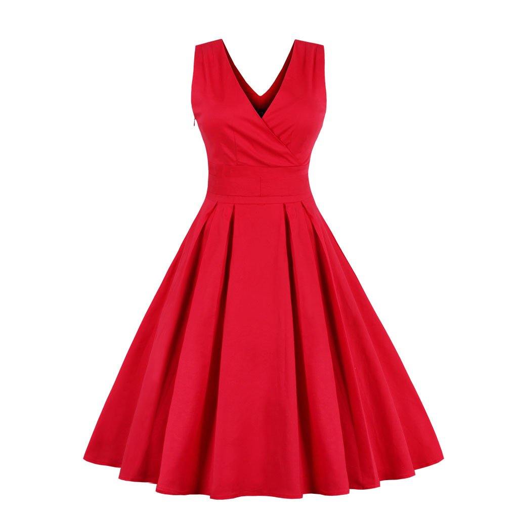 Red Elegant V Neck Ball Midi Dresses-STYLEGOING
