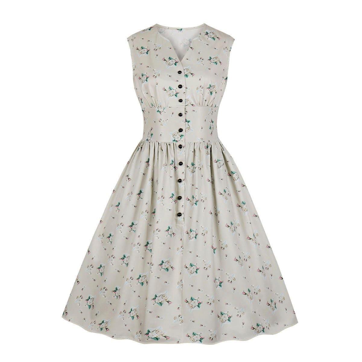 Women V Neck Floral Print High Waist Vintage Dresses with Button-STYLEGOING