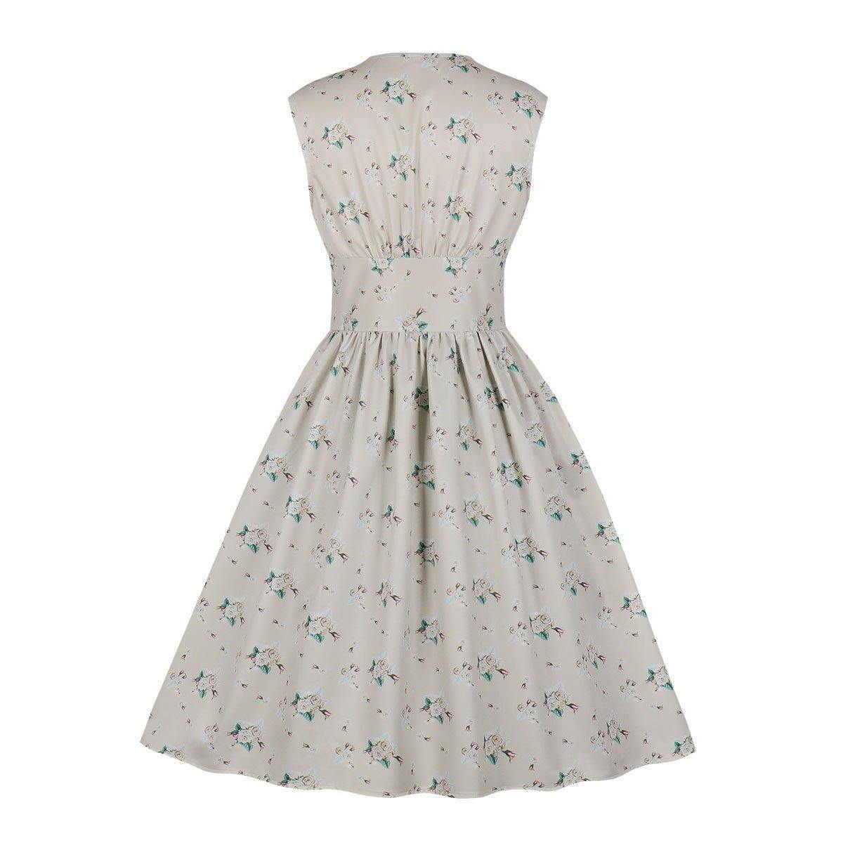 Women V Neck Floral Print High Waist Vintage Dresses with Button-STYLEGOING