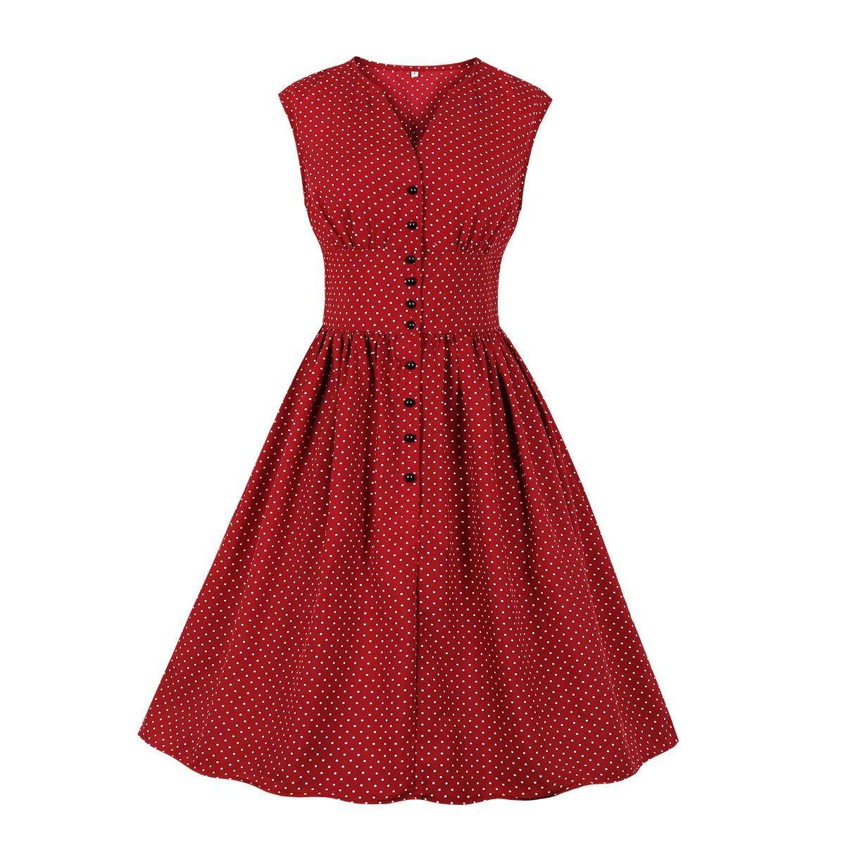 Women Sleeveless V Neck Dot Print Vintage Dresses with Buttons-STYLEGOING