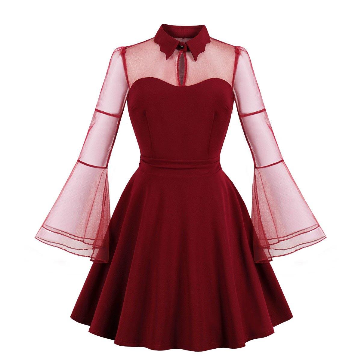 Plus Sizes Net Bell Sleeves Vintage Mini Dresses-STYLEGOING